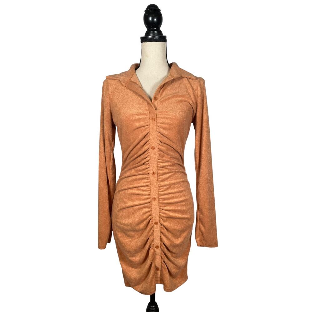 AMABLE Brown Ruched Bodycon Shirt Dress      Size: M